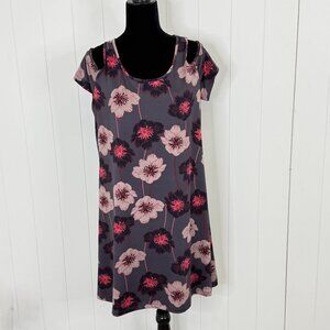 Maurices Floral Cold Shoulder Dress Womens LARGE Purple Pink Casual Stretch